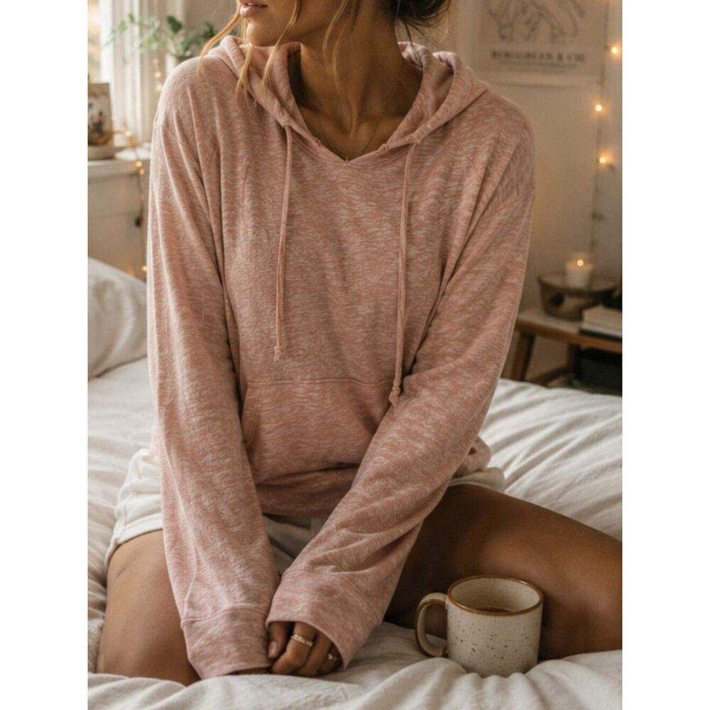 Hoodie Pullover Heathered Orange Peach L/S Double Drawstring M Comfy Lightweight